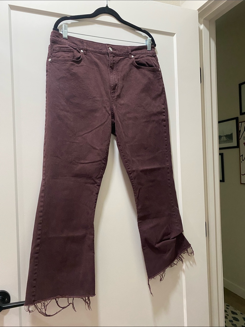 LOFT Maroon Frayed-Hem Wide Leg Jeans